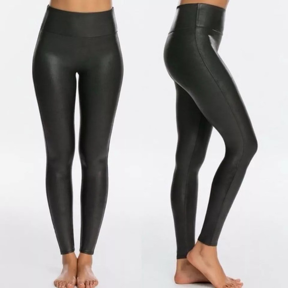 Spanx High Rise Compression Faux Leather Leggings Black Large Petite - Picture 1 of 8